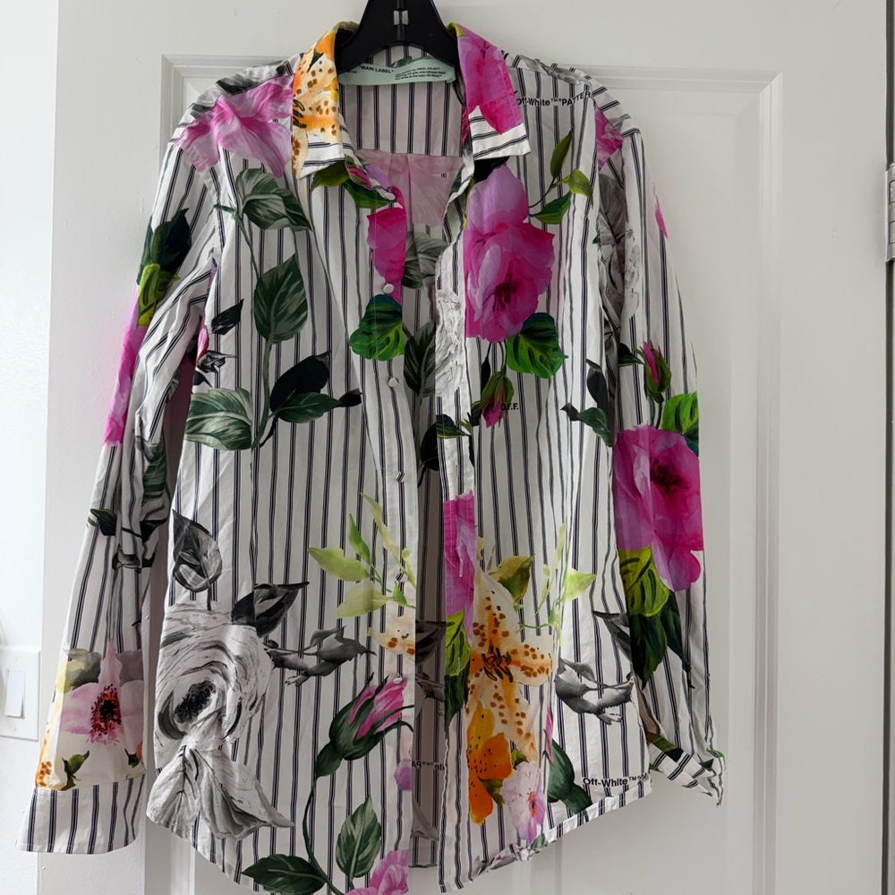 Off-White Floral Striped Blouse - Pink, Green, Orange size 44